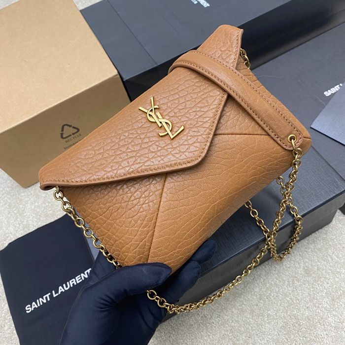 SAINT LAURENT 819271 ラムレザー、エレファント ゴールド、イエロー、キャラメル 斜め掛けバッグ、チェーンバッグ、封筒バッグ チェーン、封筒、カリプソ、ミニ 19x12cm サイズ:19x12cm