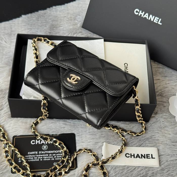 CHANEL 0238 SS19 チェーン付きカードケース ラム革 サイズ:12.5x8.5x2.5cm
