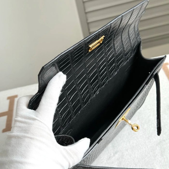 HERMES ケリー デペッシュ 25cm クラッチバッグ マットワニ腹皮 ブラック ゴールド金具 サイズ: