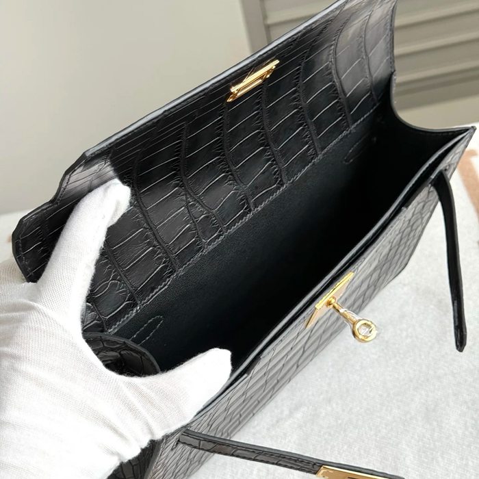 HERMES ケリー デペッシュ 25cm クラッチバッグ マットワニ腹皮 ブラック サイズ: