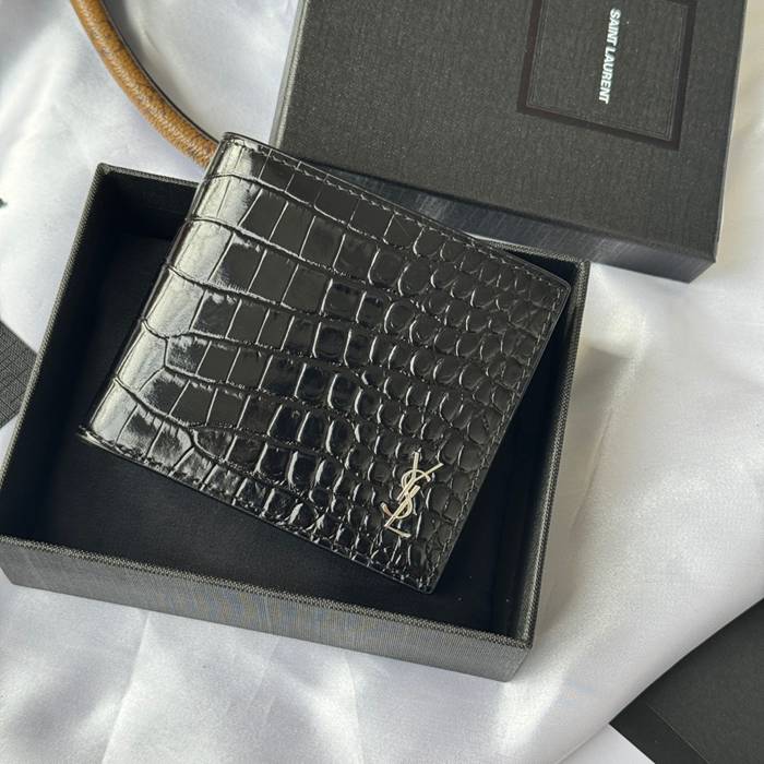 SAINT LAURENT 607727 メンズ対折り財布 ワニ紋 サイズ:11x9.5x2.5cm