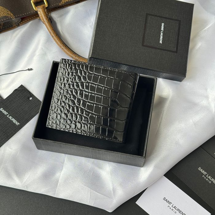 SAINT LAURENT 607727 メンズ対折り財布 ワニ紋 サイズ:11x9.5x2.5cm