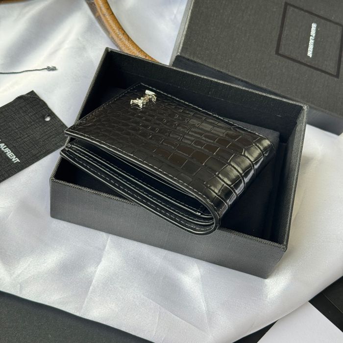 SAINT LAURENT 607727 メンズ対折り財布 ワニ紋 サイズ:11x9.5x2.5cm